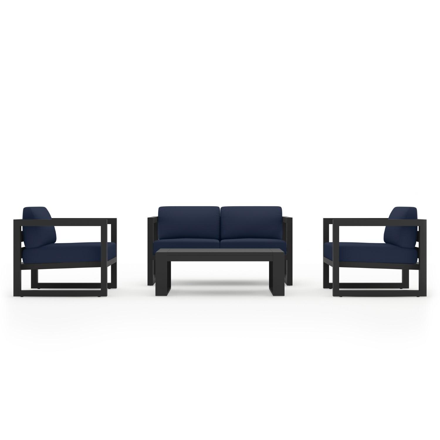 Misty Cove 4 Pc Aluminum Loveseat Set in Slate W/ Spectrum Indigo Cushions & Portal Coffee Table By Lakeview - Front - White Background thumbnail