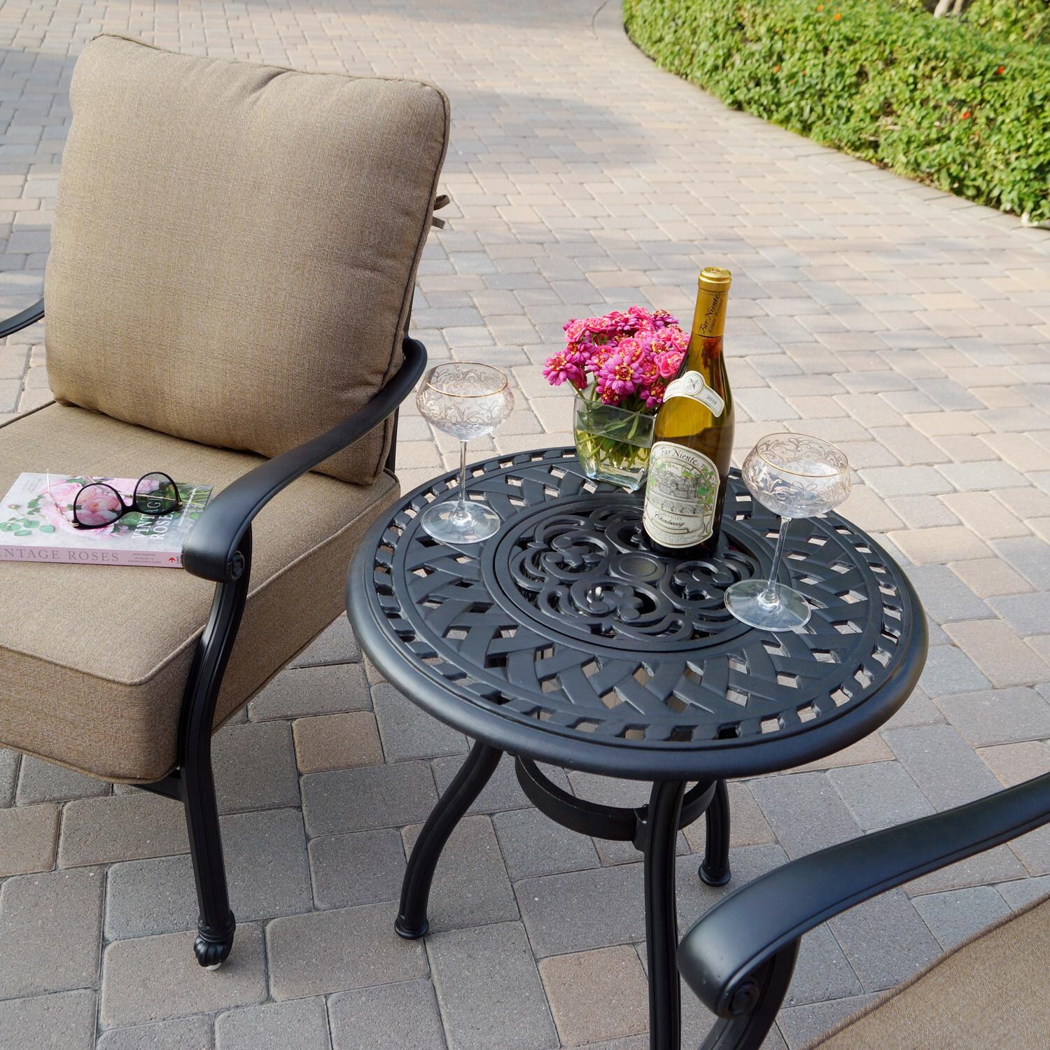 Darlee Madison 3 Piece Cast Aluminum Patio Conversation Set W/ 24-Inch Round Ice Bucket End Table & Sesame Cushions - Lifestyle thumbnail