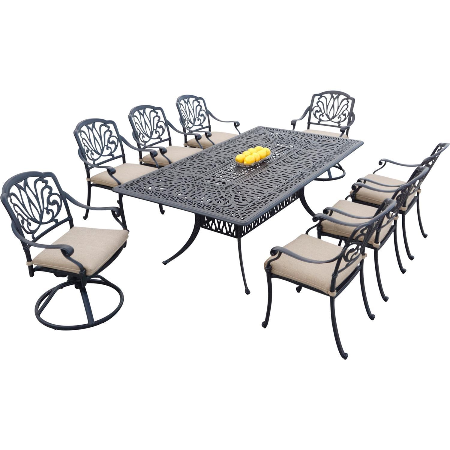 Elisabeth 9 Pc Cast Aluminum Dining Set w/ 84 X 44 Inch Table & Swivel Rocker in Antique Bronze/Beige Canvas by Darlee