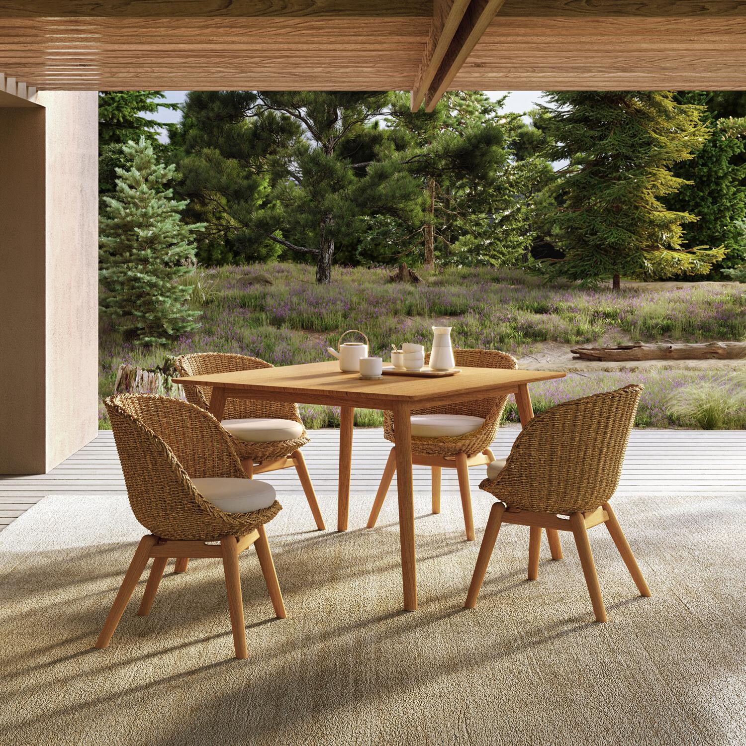 Oxford Garden Tulle 5 Pc Wicker & Natural Teak Dining Set W/ 45 In Square Table in Flax/Bliss Linen thumbnail