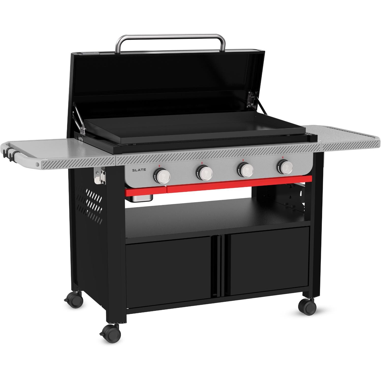 Weber Grills 1502283 Slate 36-in 4 Burner Propane Rust-Resistant Griddle w/ Closed Cabinet - Black - Angled Right Open - White Background thumbnail