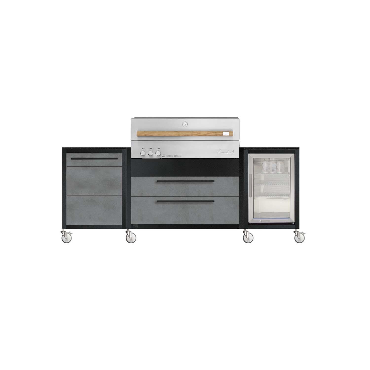 Burnout BBQ Modular Outdoor Kitchen Island on Casters w/ Flammkraft Model D Built-In Grill, Caso 2.2 Cu Ft Refrigerator, and Propane Pullout- Smoke - White Background thumbnail