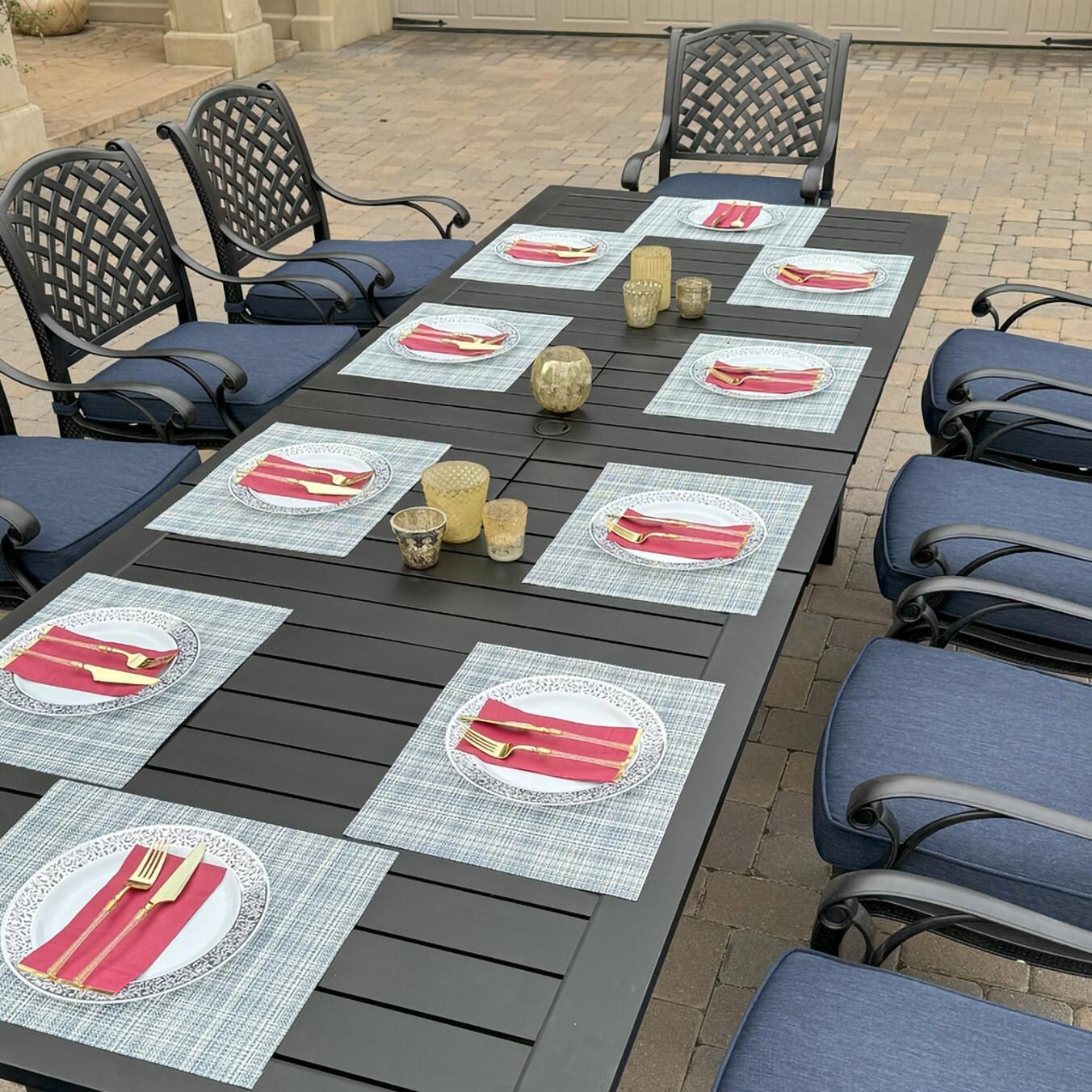 Darlee B/DL13-11PCD-2350LE-N Nassau 11 Pc Cast Aluminum Dining Set in Antique Bronze w/ Navy Cushions - Table Setting - Lifestyle thumbnail