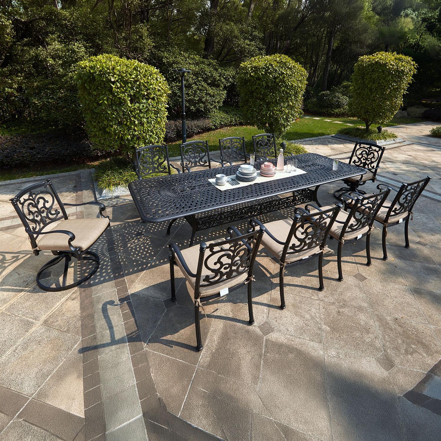 Santa Barbara 11 Pc Cast Aluminum Dining Set w/ 92 X 42 Inch Series 60 Extension Table & 2 Swivel Rockers in Antique Bronze/Beige Canvas by Darlee