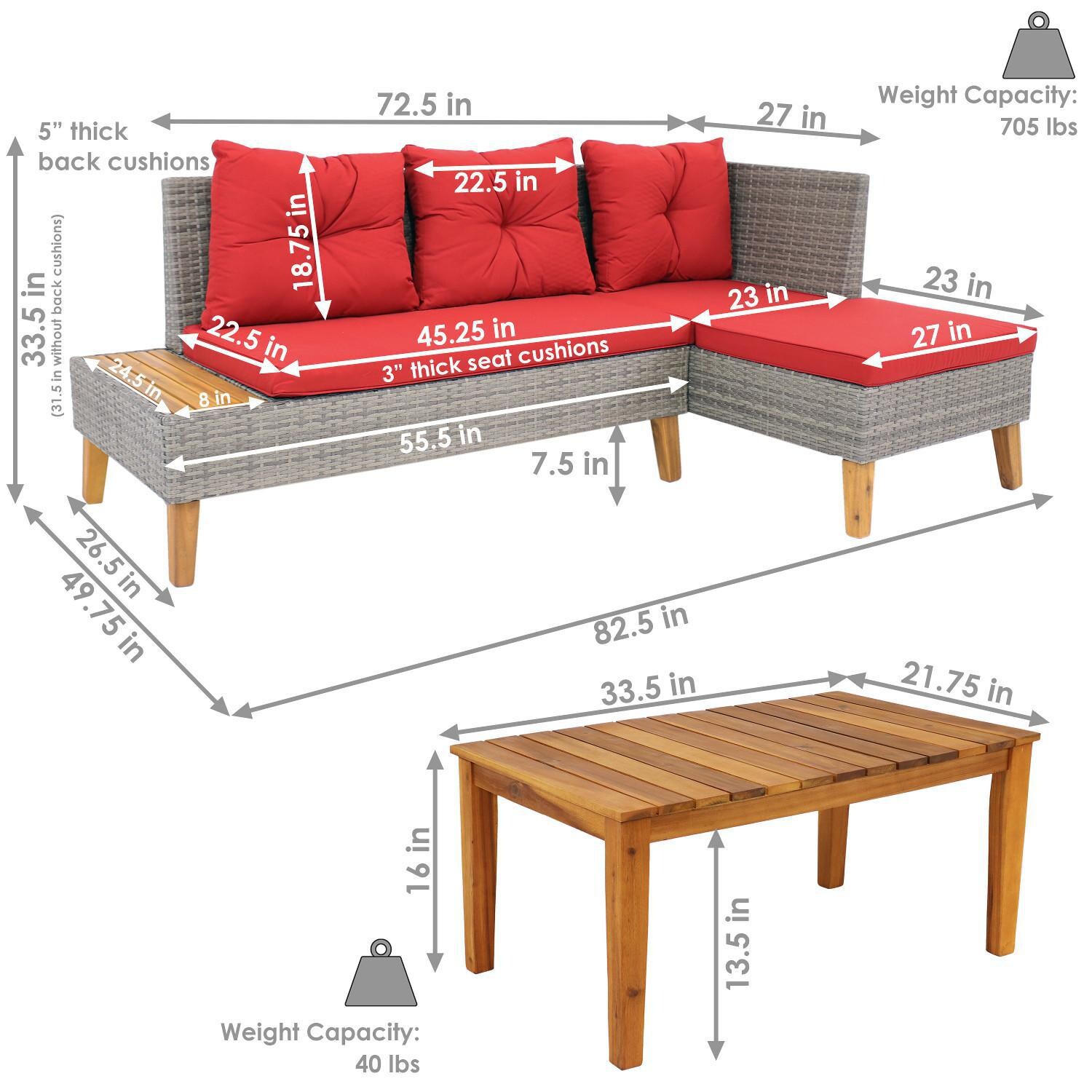 Ultimate Patio 2-Piece Resin Wicker Patio Sectional Set W/ Acacia Coffee Table - Red Cushions - Dimensions thumbnail