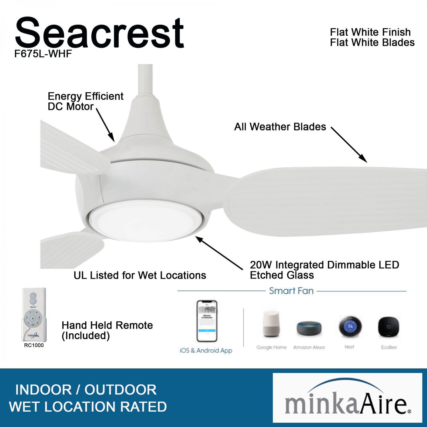 Minka-Aire F675L-WHF Seacrest 60-Inch 3-Blade LED Ceiling Fan in Flat White Finish w/ Flat White Blades & Etched Glass - Details thumbnail