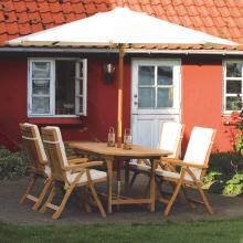 Estate 6 Piece Teak Patio Dining Set W/ 60 X 35 Inch Oval Extension Table W/ Sunbrella Canvas Natural Cushions and Olefin Umbrella By Royal Teak Collection