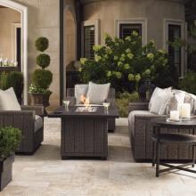Blue Olive 6 Piece Wicker Patio Conversation Set W/ Fire Pit Table & Sunbrella Fabric By Tommy Bahama image