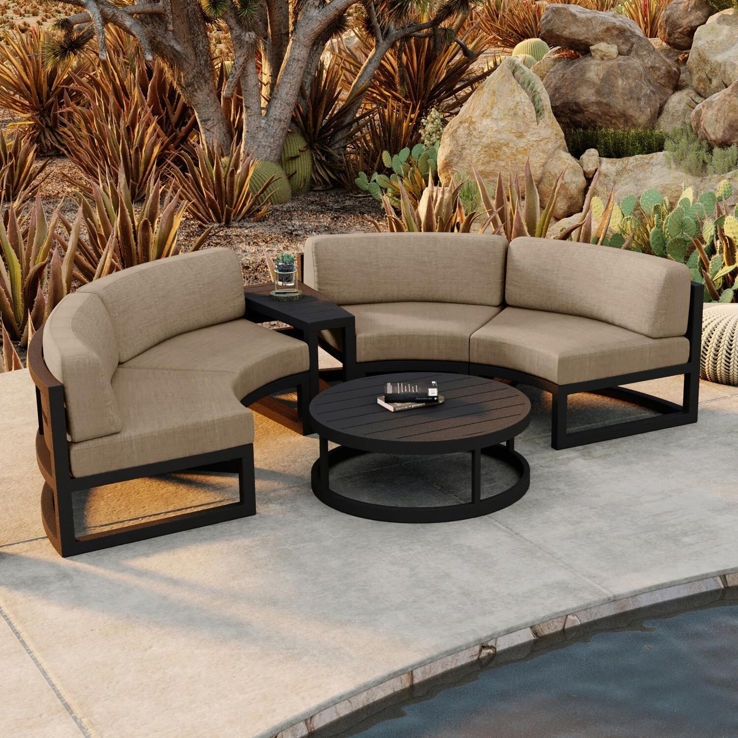 Lakeview MSTYCV-BK-4CSEC-HB Misty Cove 4 Pc Aluminum Curve Sectional Set in Black w/Coffee Table & Heather Beige Cushions by Lakeview Outdoor Designs - Set by the Pool From Above - Lifestyle thumbnail