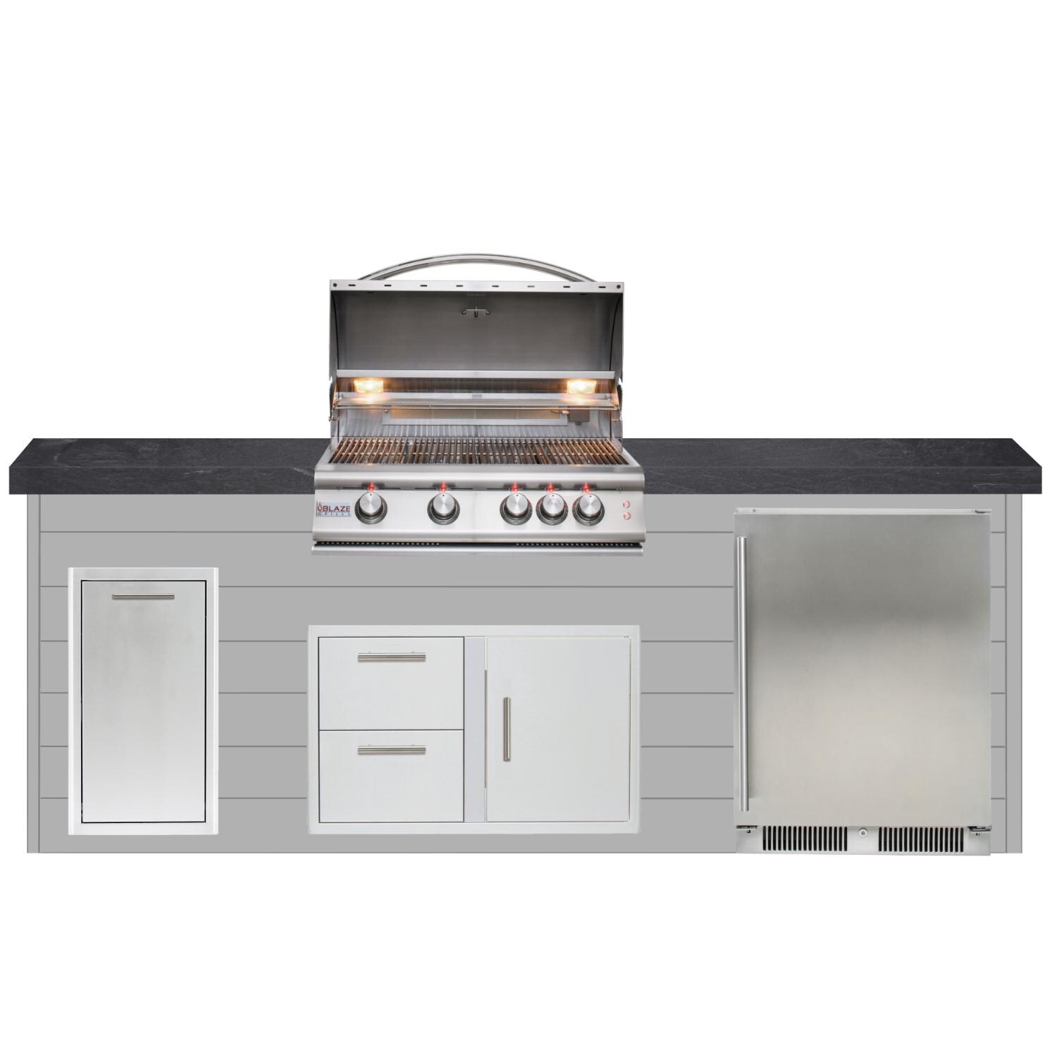 BBQGuys Signature 8ft Luxury Outdoor Island W/ Blaze Premium LTE 32-Inch Natural Gas Grill & Outdoor Rated Refrigerator - Light Gray Steel W/ Black Polished Granite