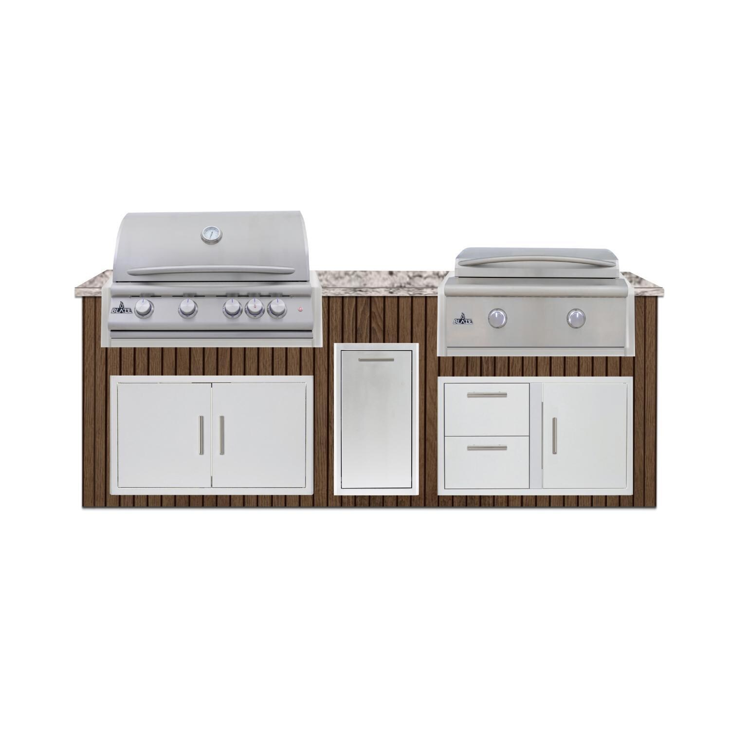 BBQGuys Signature  8 Ft Outdoor Kitchen Island w/ 32-in Blaze LTE+ Natural Gas Grill & Griddle & Narrow Trash Bin | Toffee w/ White Valley Granite - Island - White Background thumbnail