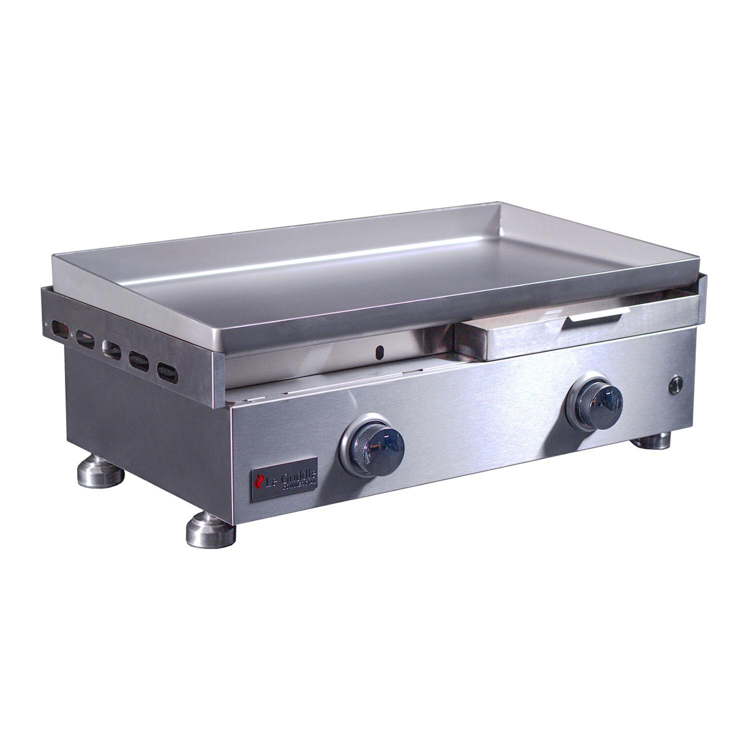 Le Griddle OML75C6 LP Commercial Series 75 2 Burner Built-In Propane Flat Top Grill w/ 6mm Plate - Left Grease Disposal Tray Removed - White Background thumbnail