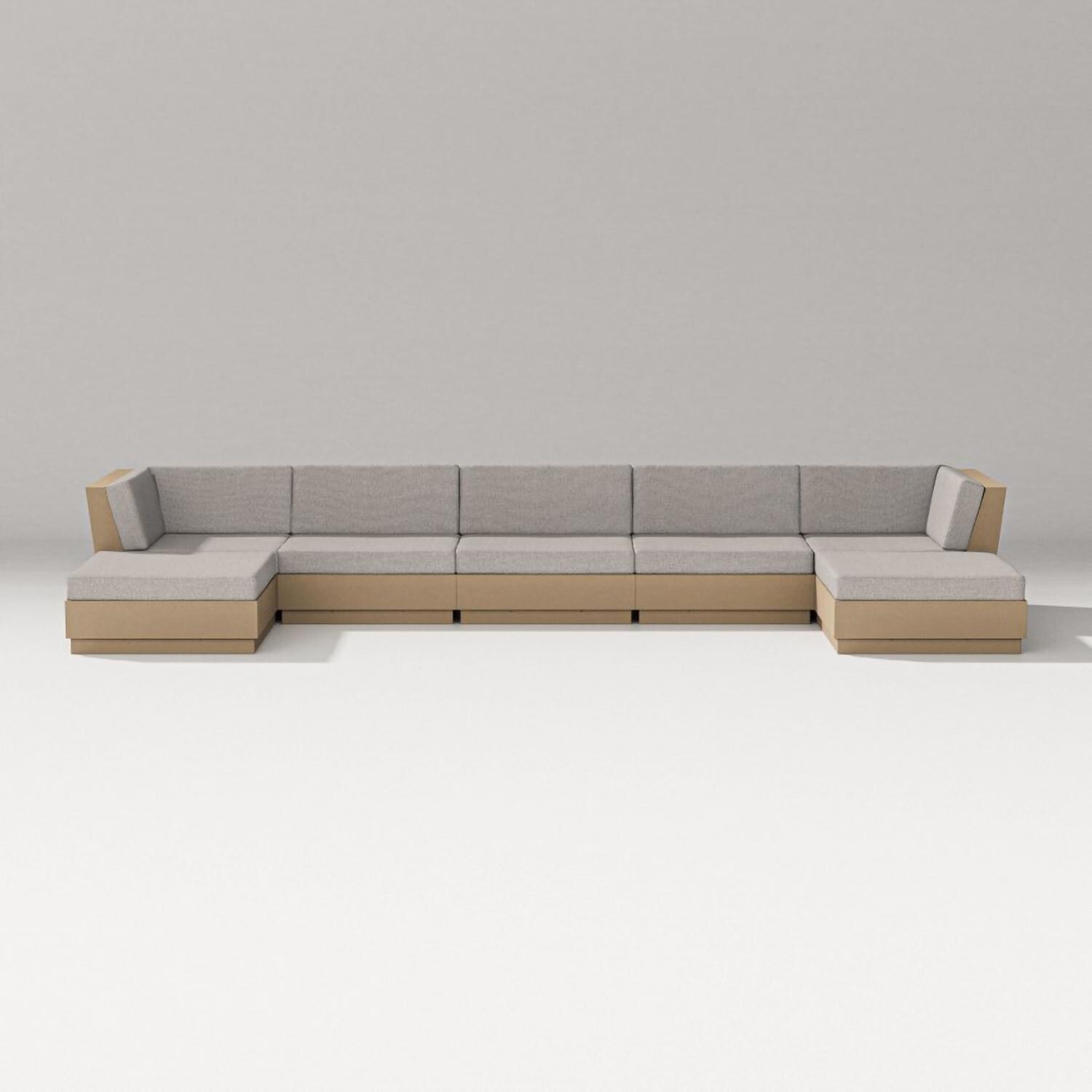 Elevate 7 Pc Recycled Plastic Double Chaise Seating Set in Vintage Sahara/Weathered Tweed By PW Designer Series
