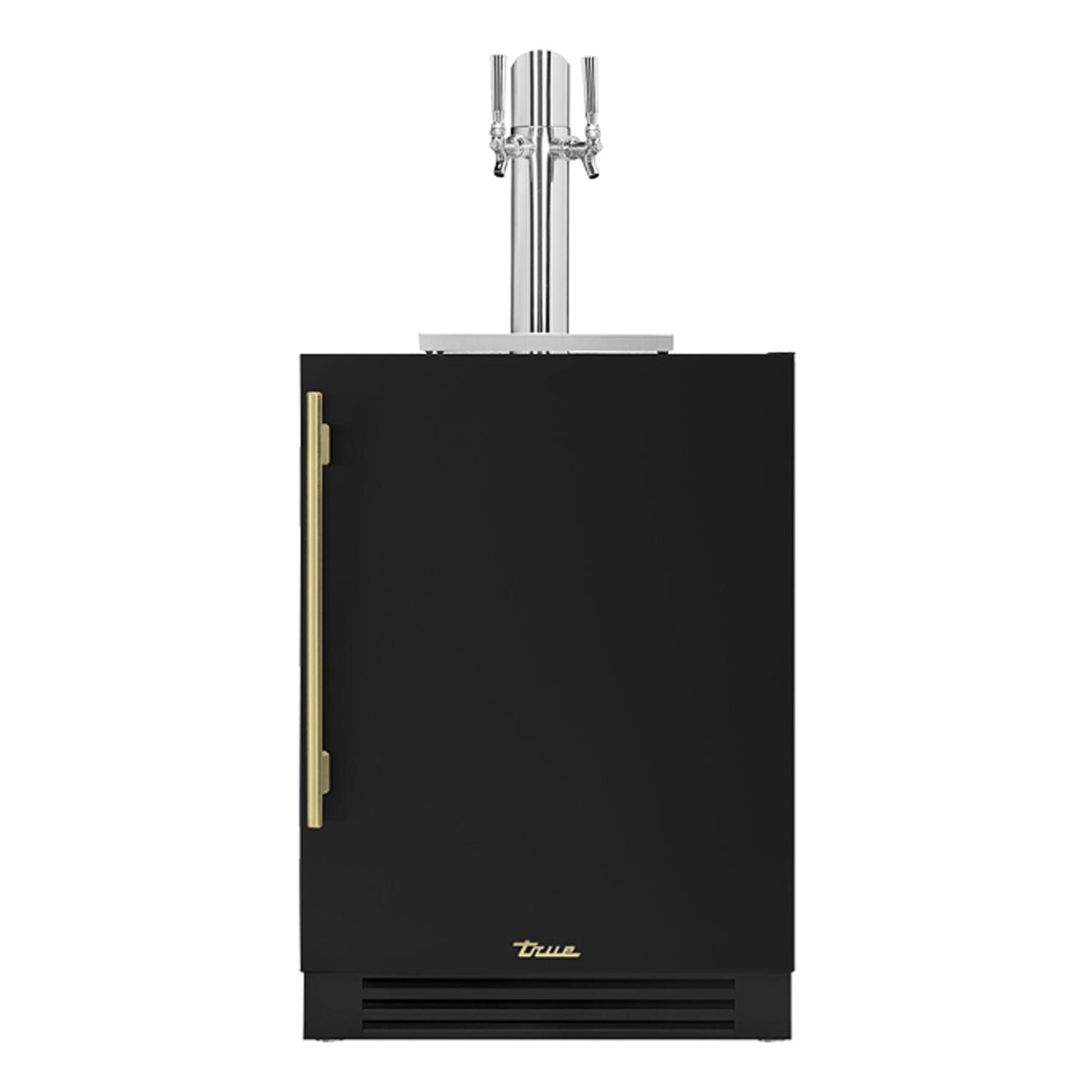 True TUR-24DD-R-OP-C~DSK-027-H01 24 Inch Right Hinge Outdoor Dual Tap Beverage Dispenser - Matte Black w/ Brass Handle - White Background thumbnail