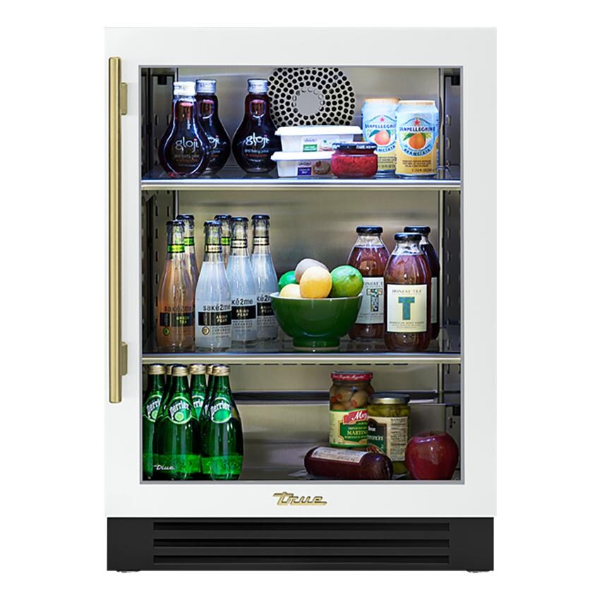 True TUR-24-R-OG-C~DSK-030-H01 24 Inch 5.6 Cu. Ft. Right Hinge Glass Door Outdoor Refrigerator in Matte White w/ Brass Handles - White Background thumbnail
