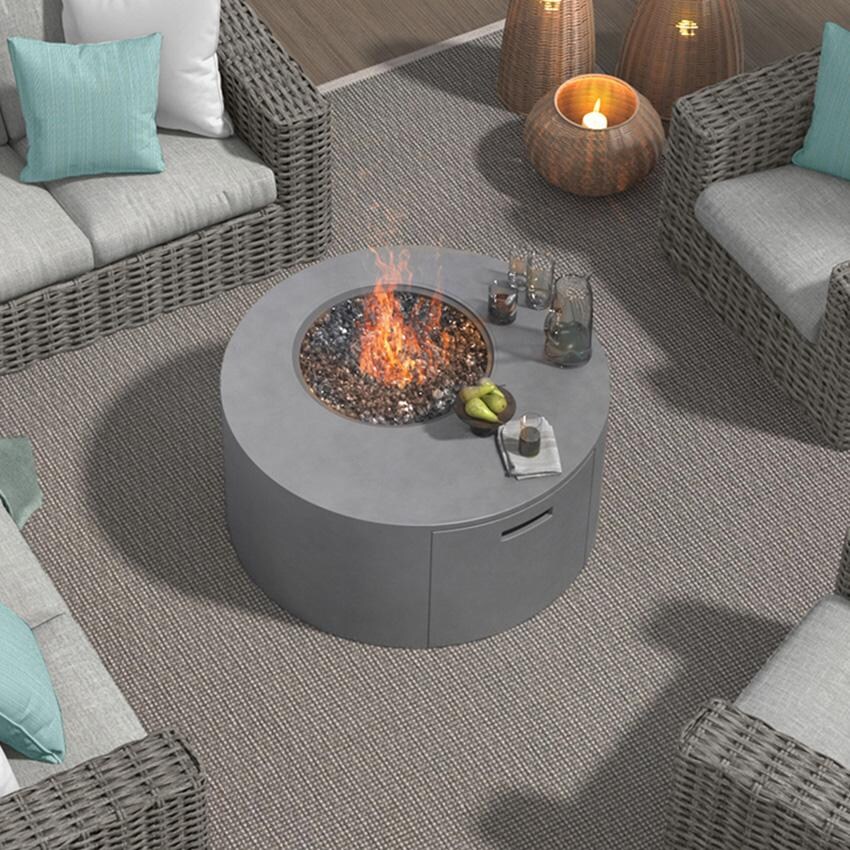 Bellino 42 Inch Round Aluminum Propane Fire Pit w/ Lid in Concrete Grey by Ebel - Top View - Lifestyle thumbnail