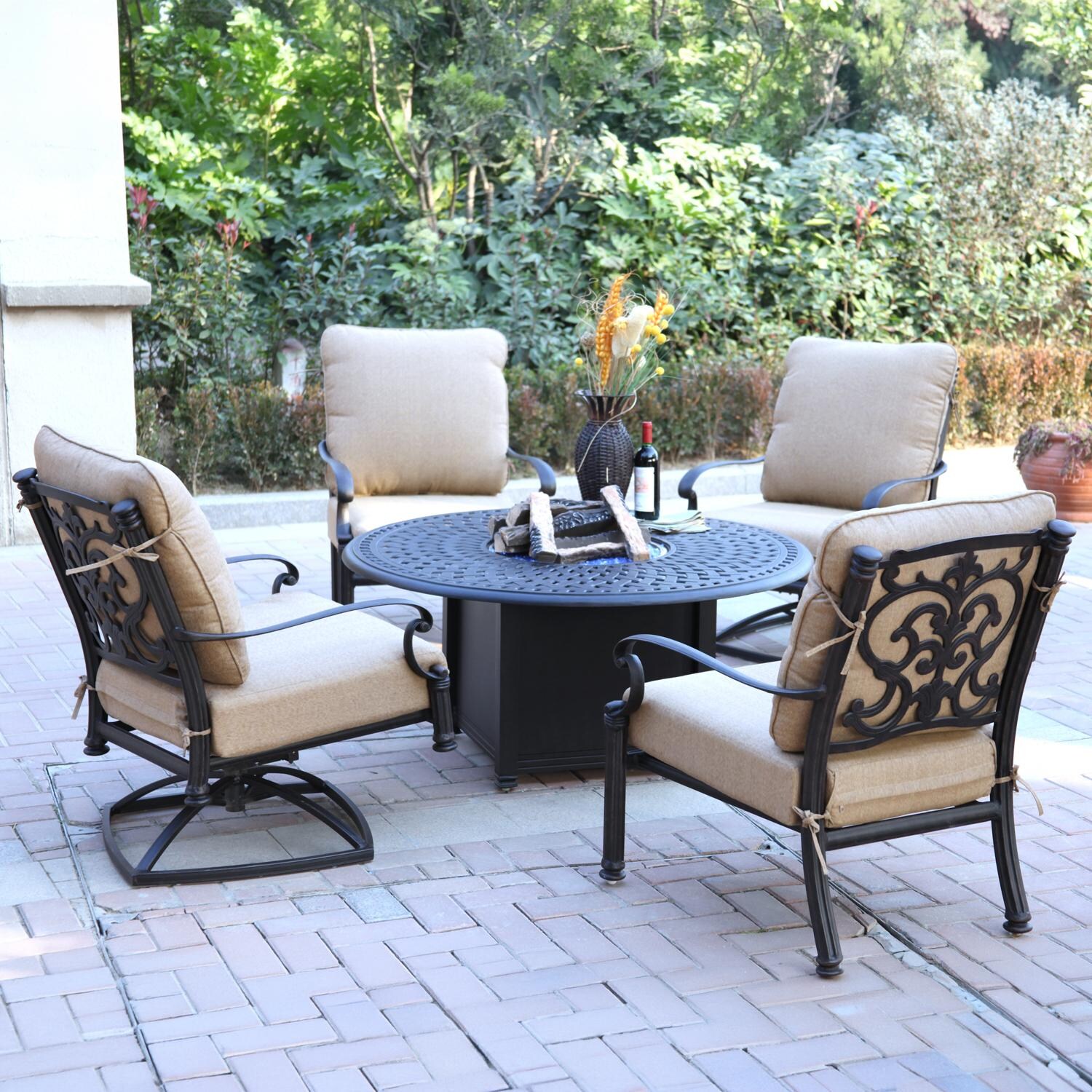 Darlee Santa Barbara 5 Pc Cast Aluminum Fire Pit Seating Set w/ 52 Inch Signature Table & 2 Swivel Rockers - Lifestyle thumbnail