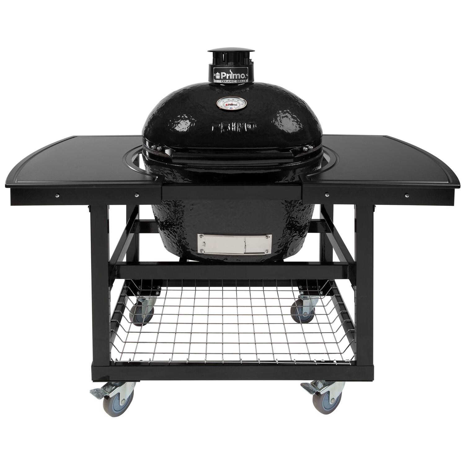 Primo Oval Large 300 Ceramic Kamado Grill On Steel Cart With 2-Piece Island Side Shelves And Stainless Steel Grates - PGCLGH