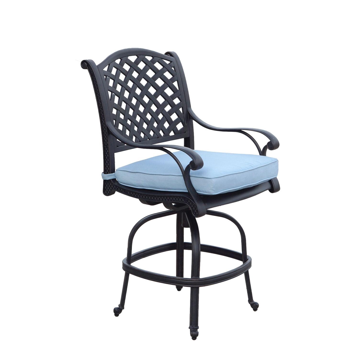 Nassau Cast Aluminum Swivel Counter Height Bar Stool in Antique Bronze/Sky Blue by Darlee - Display - White Background thumbnail