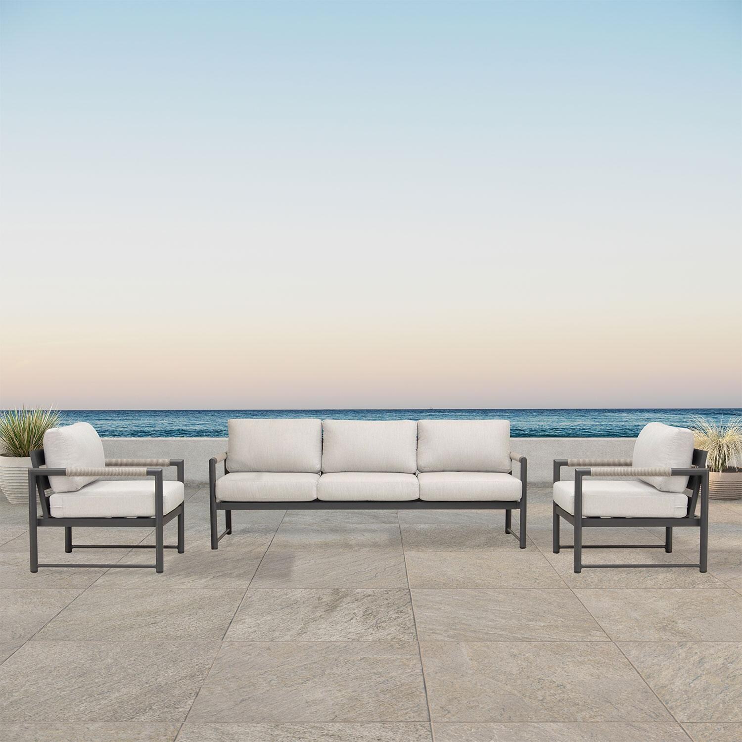 Lakeview AVEBAY-SL-PG-SET141-CS Avenue Bay Slate/Pebble Gray 3 Pc Sofa Club Chair Set - Cast Silver - On Patio - Lifestyle thumbnail