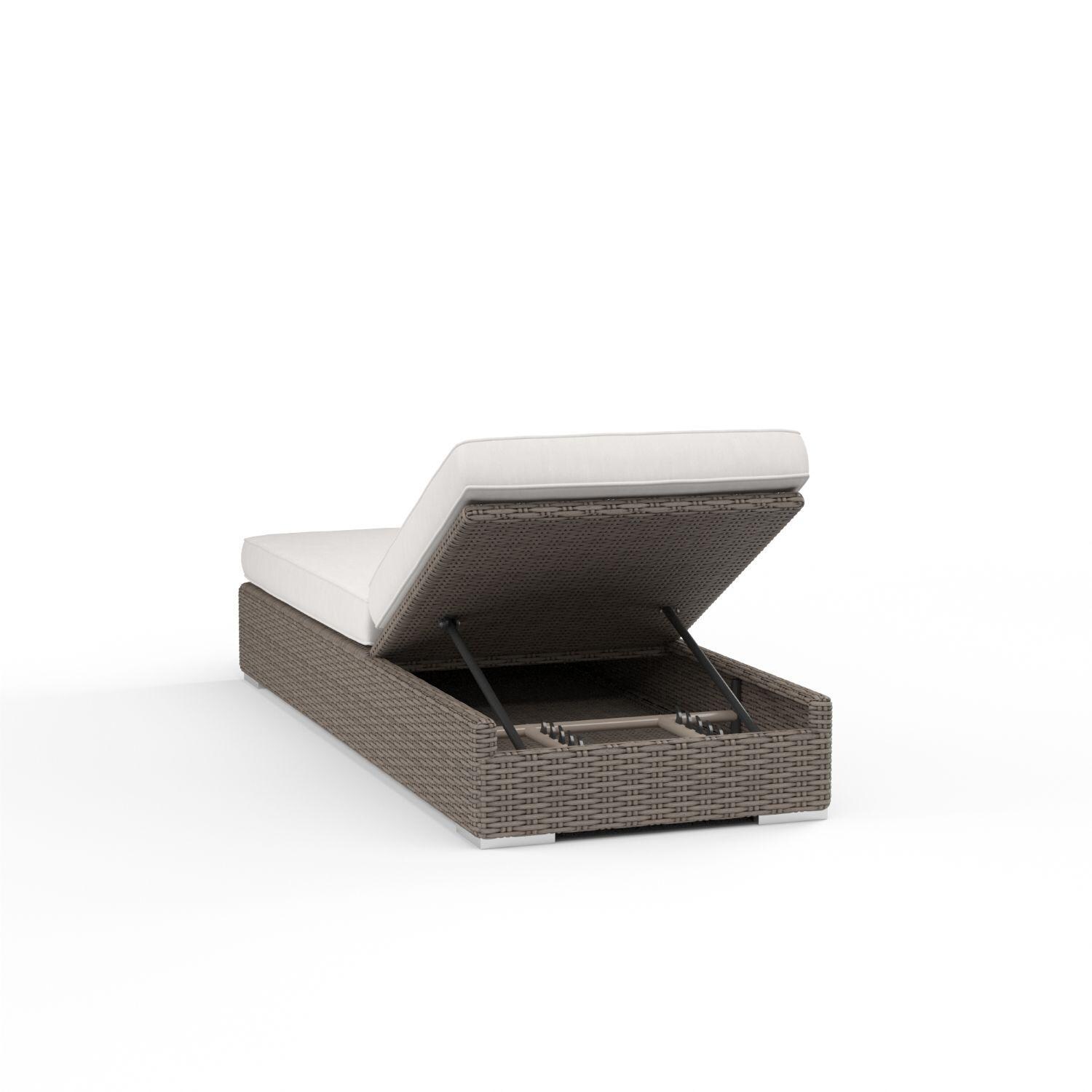 Coronado Wicker Patio Chaise Lounge W/ Sunbrella Canvas Flax Cushions By Sunset West - Rear View - White Background thumbnail