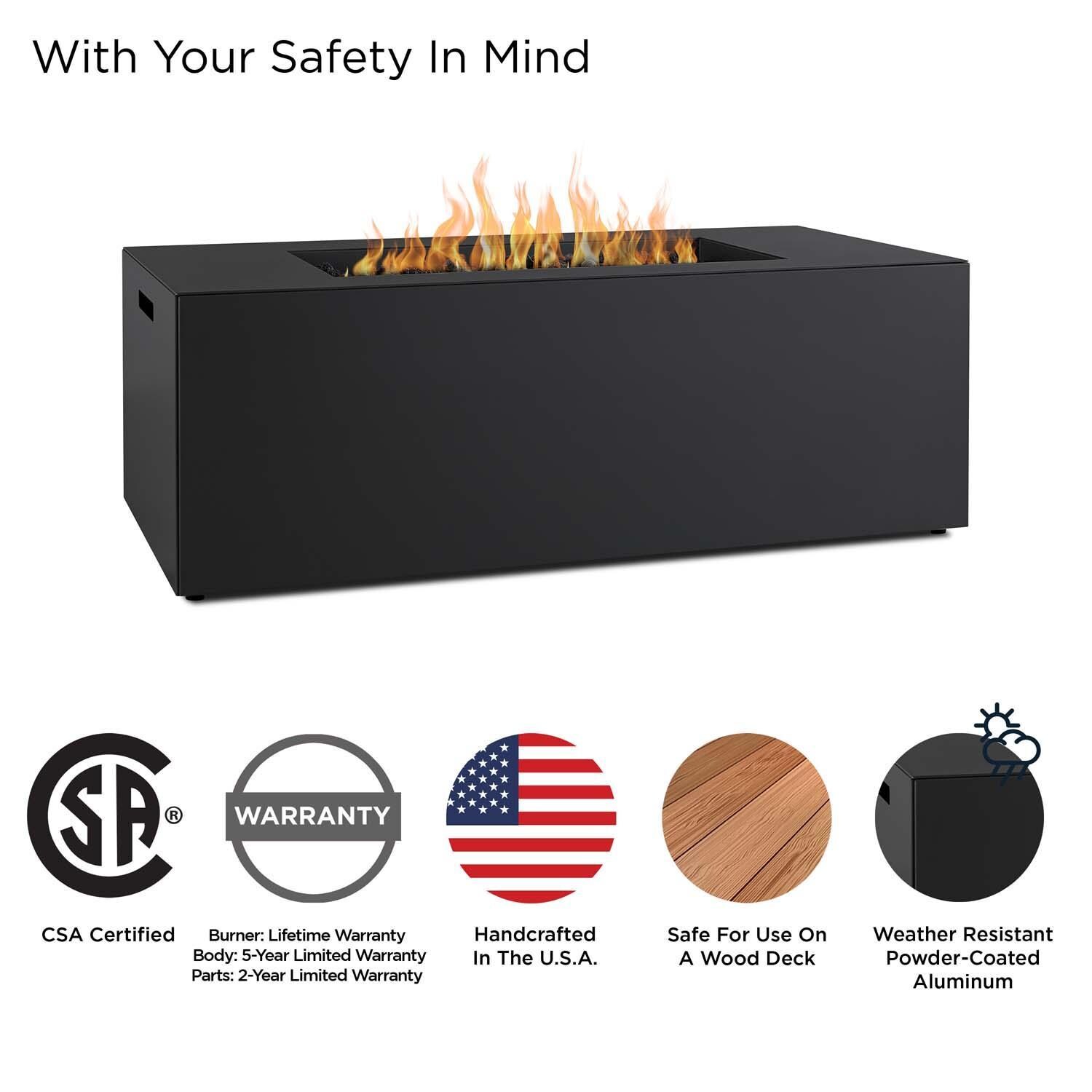 Covewood 28 Inch Rectangular Aluminum Propane Fire Pit Table in Charcoal by BBQGuys Signature - Safety thumbnail