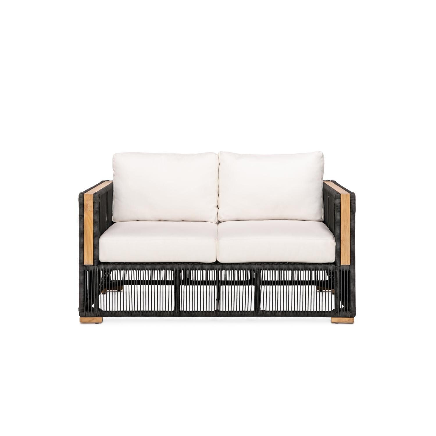 Teak + Table Breeze Olefin Rope & Teak Patio Loveseat in Charcoal/Natural - Front - White Background thumbnail