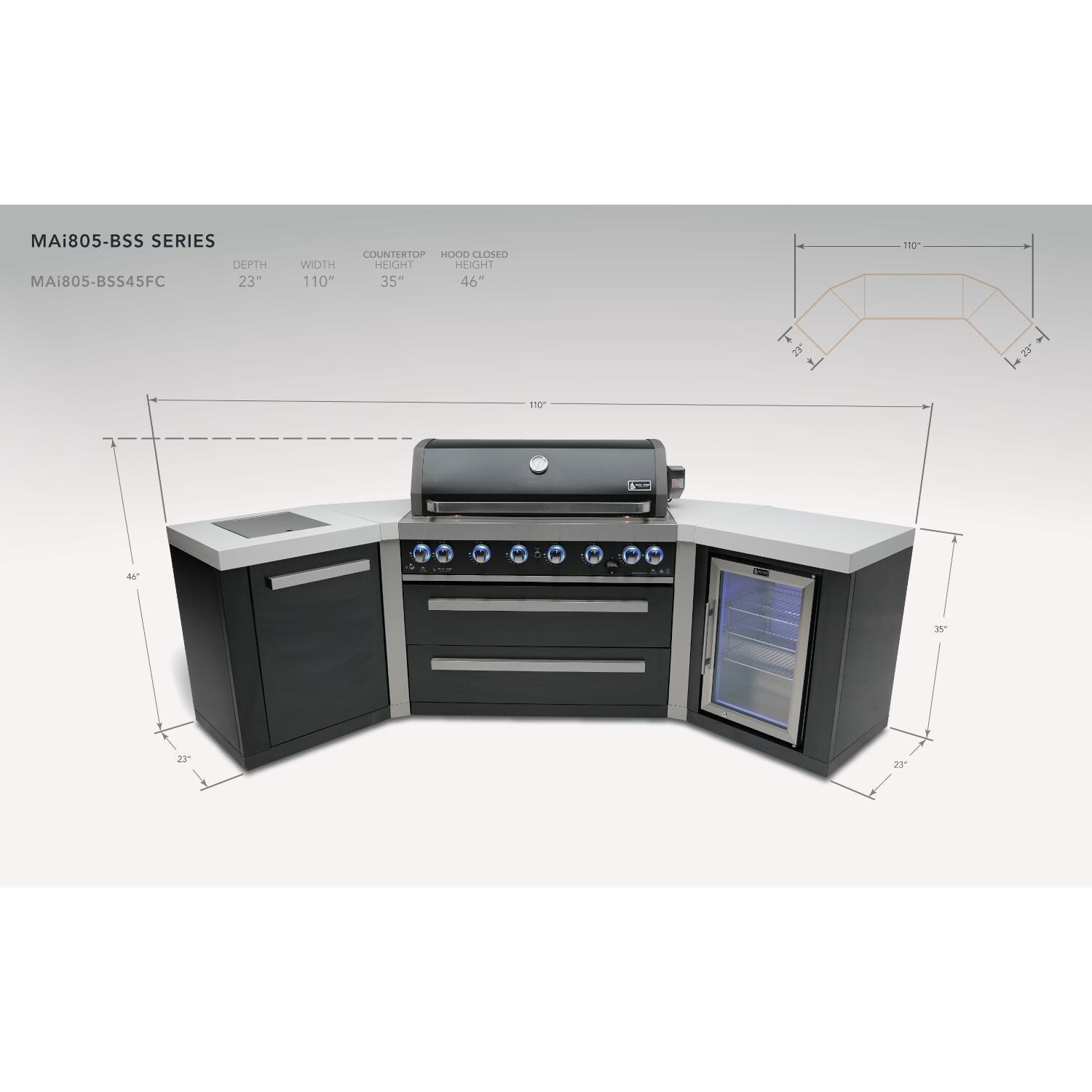 Mont Alpi 805 Natural Gas Island w/ 45 Degree Corners & Fridge Cabinet (Ships Propane w/ Conversion Kit) - Dimensions - Dimensional thumbnail