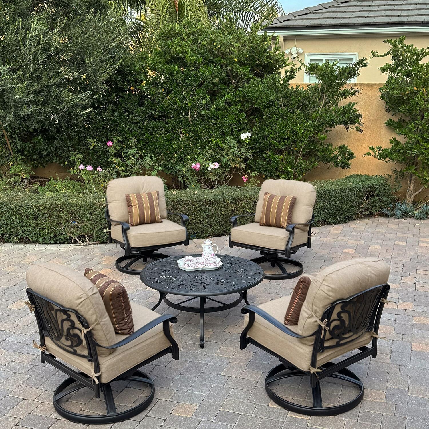 Elisabeth 5 Pc Cast Aluminum Seating Set w/ Swivel Rocker Chairs in Antique Bronze/Beige Canvas by Darlee