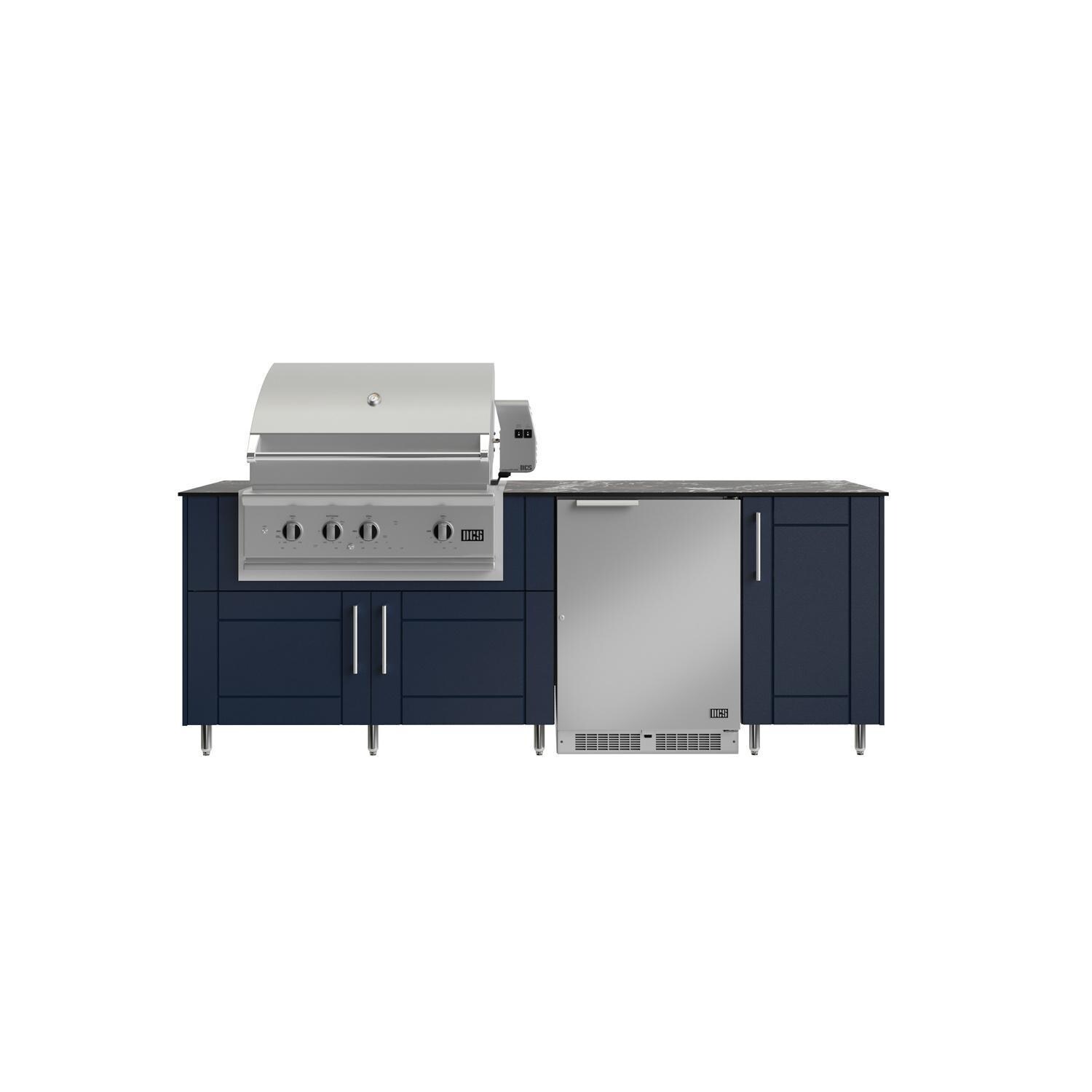 WeatherStrong Bimini 7 1/2 Ft Outdoor Kitchen Island w/ DCS Propane Grill & Refrigerator in Sapphire Blue/Midnight Ice