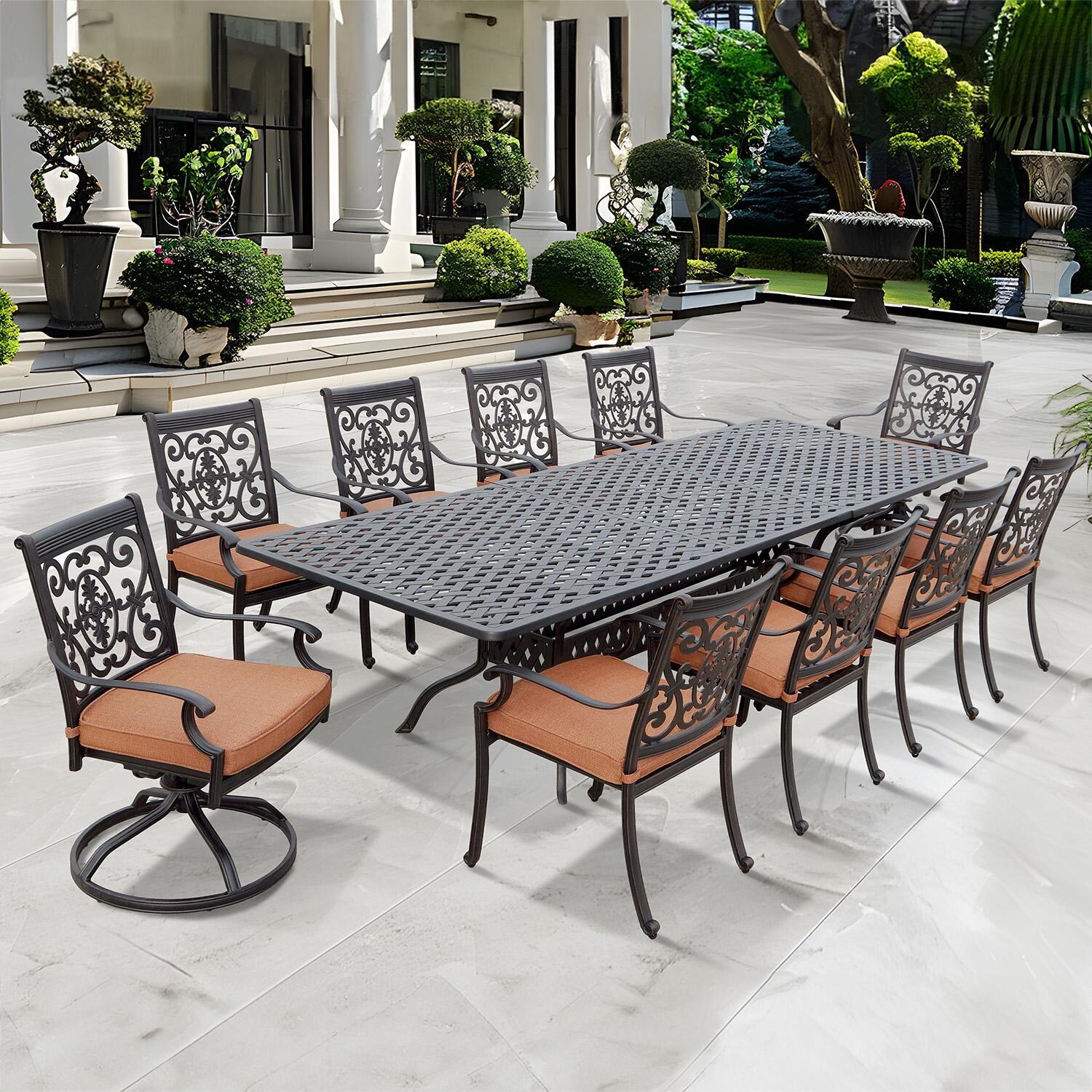 St. Cruz 11 Pc Cast Aluminum Dining Set w/ 92 X 42 Inch Series 30 Extension Table & 2 Swivel Rockers in Antique Bronze/Spicy Chili by Darlee