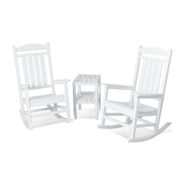 POLYWOOD Presidential 3 Piece Patio Rocking Chair Set with 2 Shelf Side Table - White - Front View thumbnail