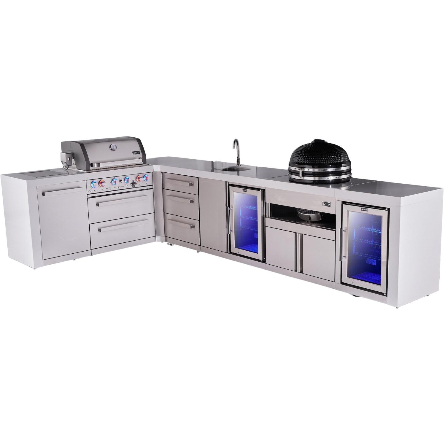 Mont Alpi Deluxe Series 12 Ft L-Shaped Natural Gas Outdoor Kitchen Island w/ 32-in Grill, Side Burner, Beverage Center, Fridge, Kamado Module & Extra Door (Ships Propane w/ Conversion Kit) - Island - White Background thumbnail