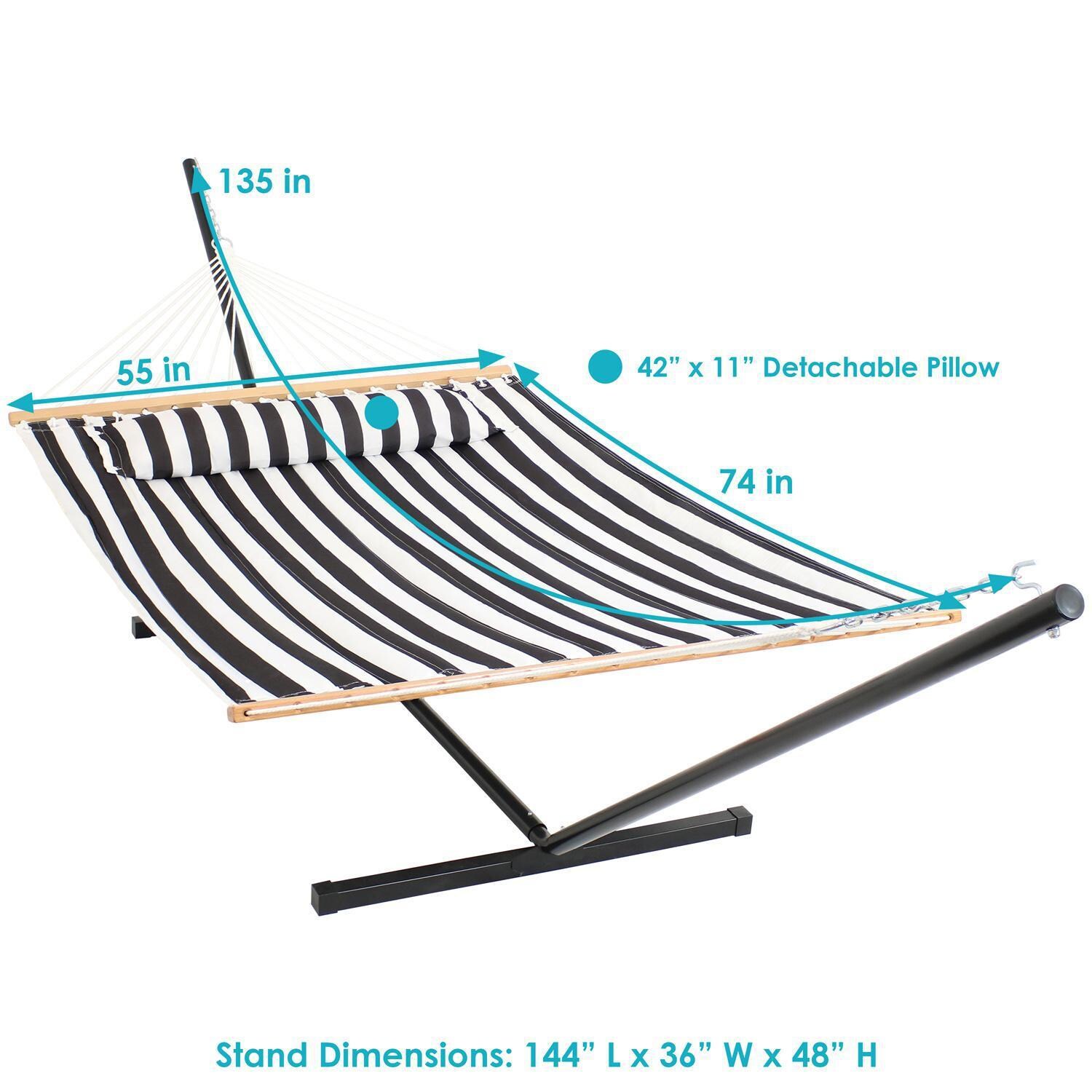 Ultimate Patio Quilted Double Hammock w/ 12-Foot Stand - Black & White Stripe - Dimensions thumbnail