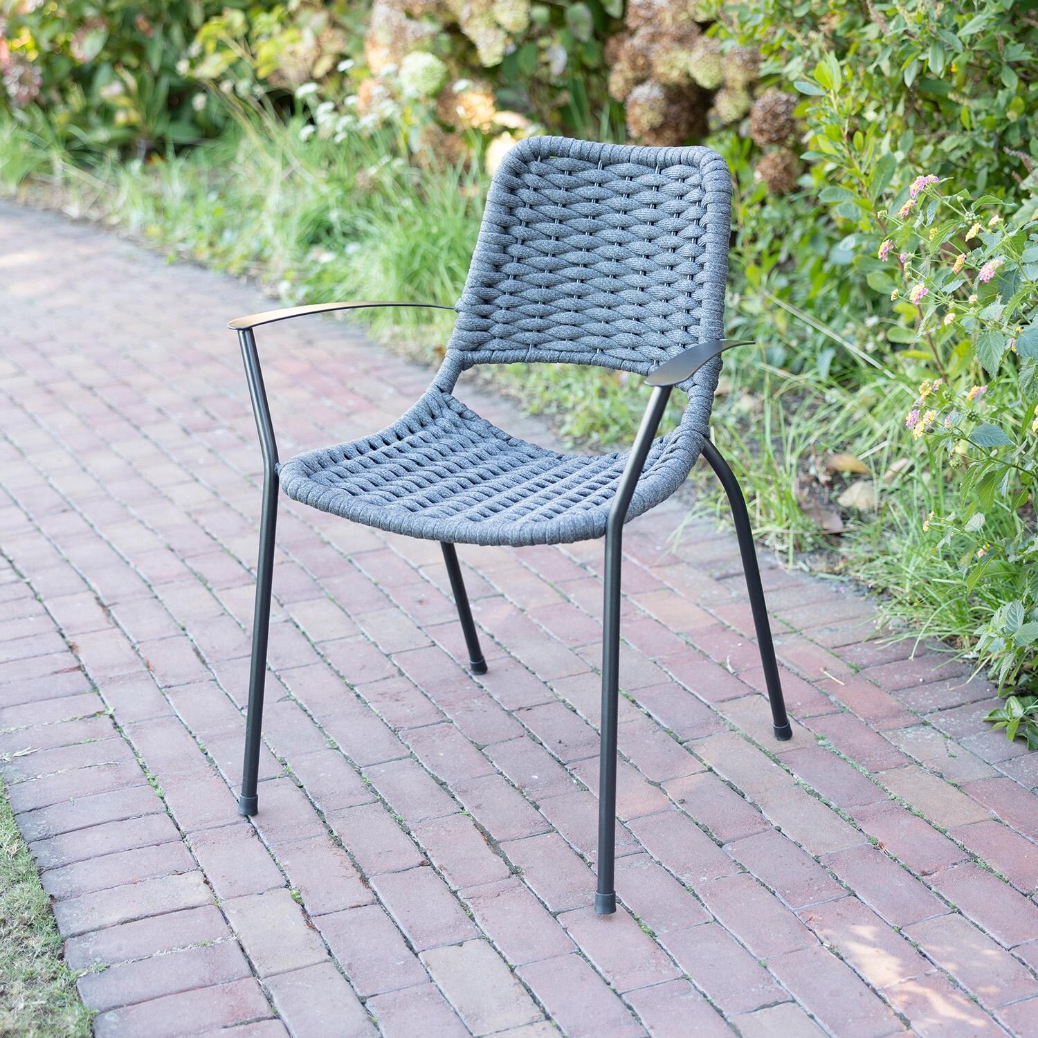 Metro 6 Pc Iron Dining Chair in Grey / Grey Rope - On Patio - Lifestyle thumbnail