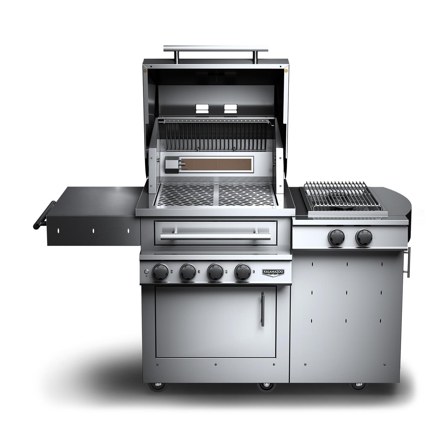 Kalamazoo K500HS Freestanding Hybrid Fire Grill w/ Side Burner - 30 lb Propane Cylinder - Hood Open thumbnail