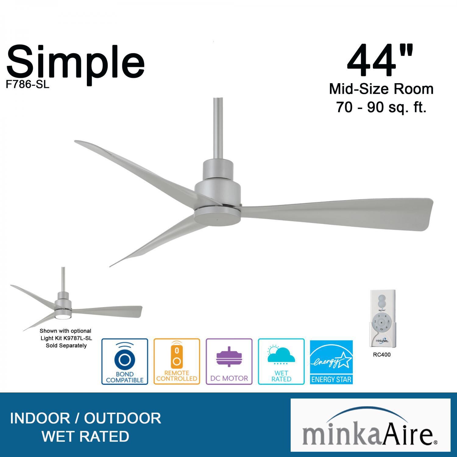 Minka-Aire F786-SL Simple 44-Inch 3-Blade Ceiling Fan in Silver Finish w/ Silver Blades - Overview thumbnail