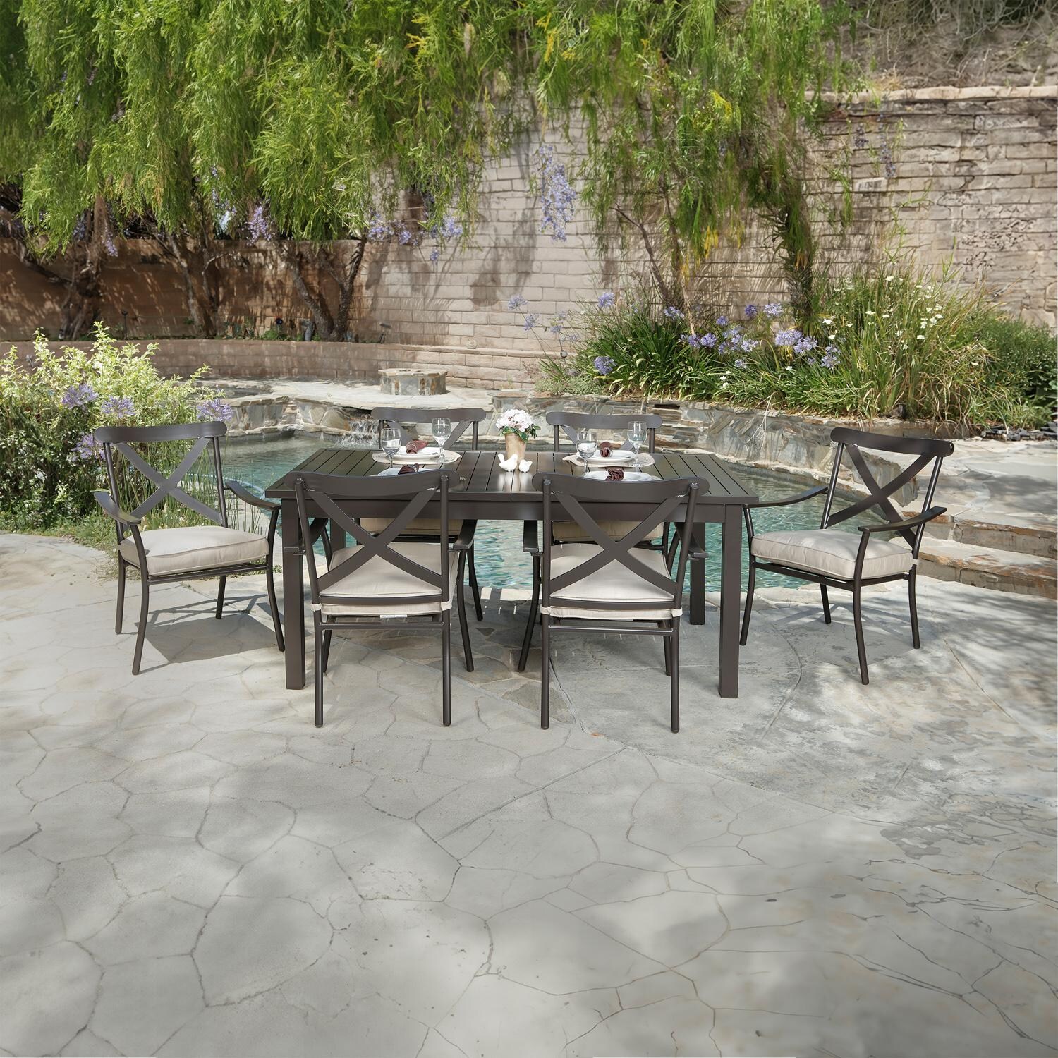 Lakeview Outdoor Designs Conde 7 Piece Aluminum Patio Dining Set W/ 68-91 X 39-Inch Rectangular Extension Table & White Cushions thumbnail