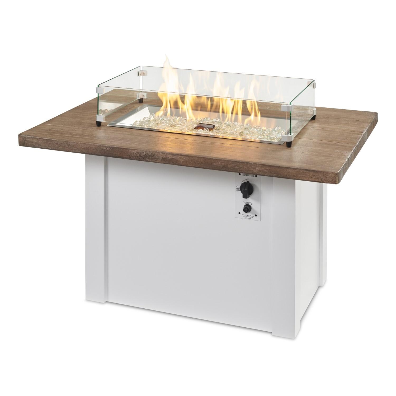 Havenwood 44 Inch Fire Pit Table W/ Driftwood Top & White Base - Flames W/ Glass - White Background thumbnail