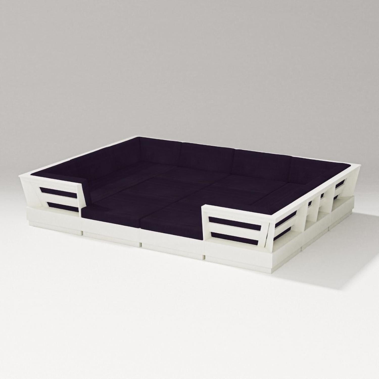 Elevate 12 Pc Recycled Plastic Pit Sectional Seating Set in Vintage White/Navy Linen By PW Designer Series