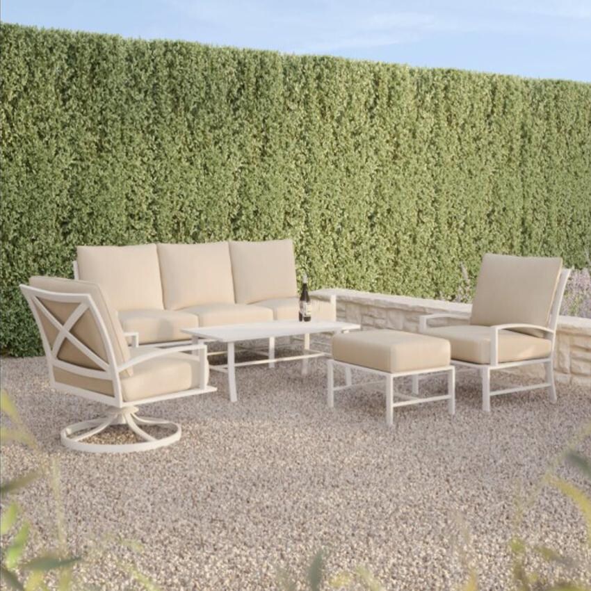 Sunset West - Bristol 5 Piece Aluminum Patio Conversation Set W/ Coffee Table, Ottoman & Sunbrella Canvas Flax Cushions thumbnail