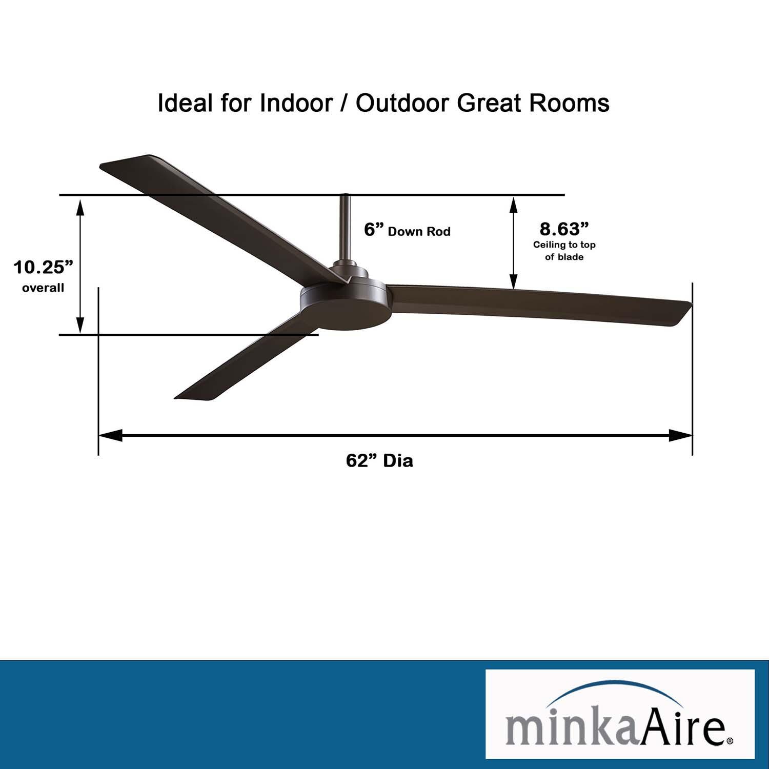 Minka-Aire F624-ORB Roto XL 62-Inch 3-Blade Ceiling Fan in Oil Rubbed Bronze Finish w/ Oil Rubbed Bronze Blades - Dimensions thumbnail