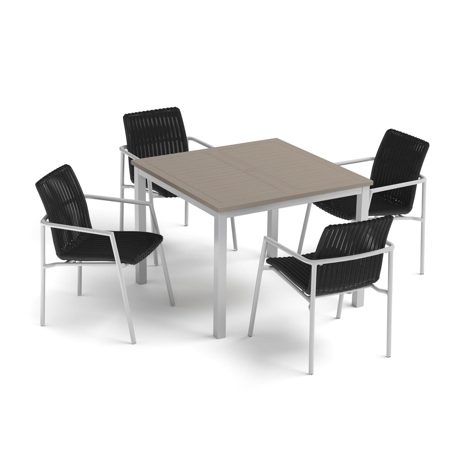 Oxford Garden Orso 5 Pc Wicker & Aluminum Arm Chair Dining Set W/ Vintage Tekwood Table Top in Flint/Shadow - Top View thumbnail