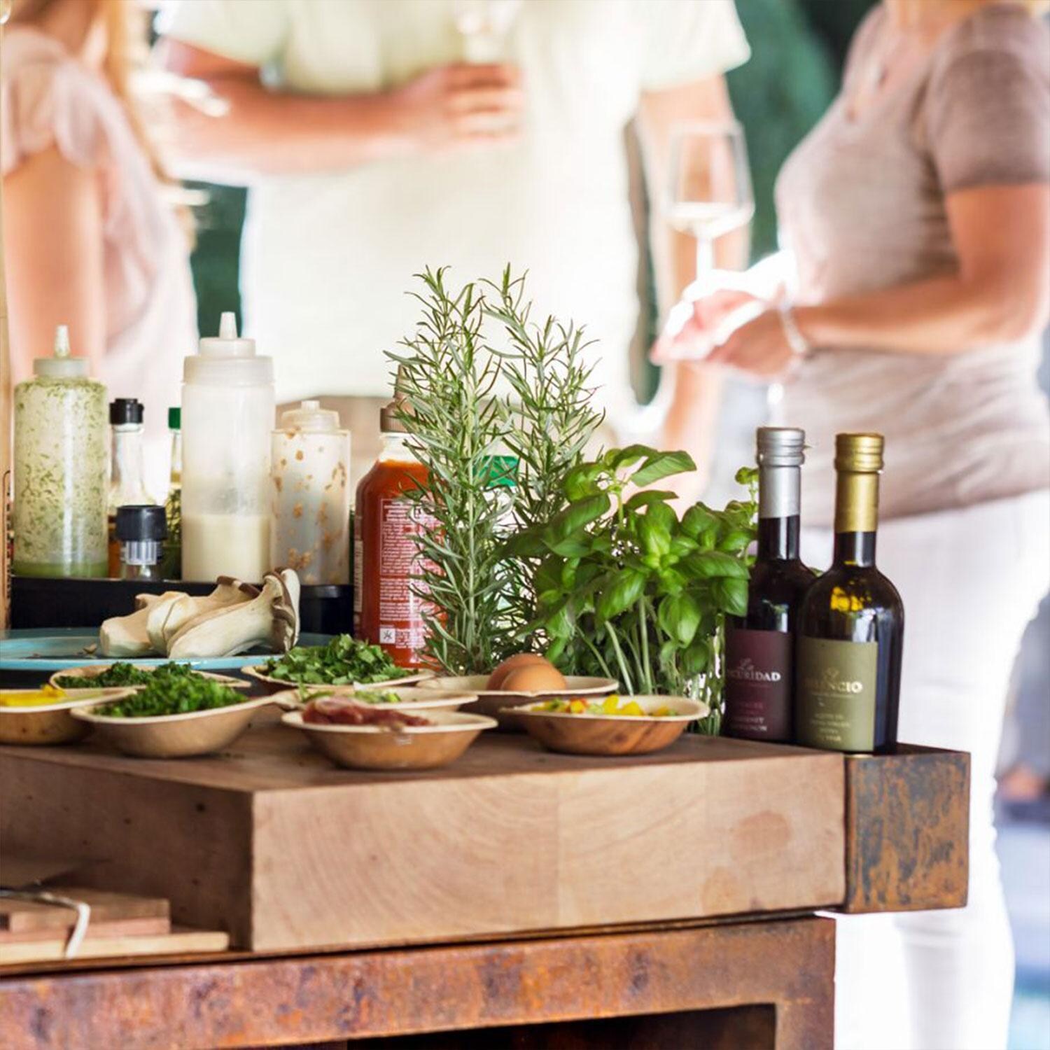 OFYR OI-100-TW Island Corten 100 Teak Wood 40 Inch Wood-Fired Flat Top Grill - Seasonings - Lifestyle thumbnail