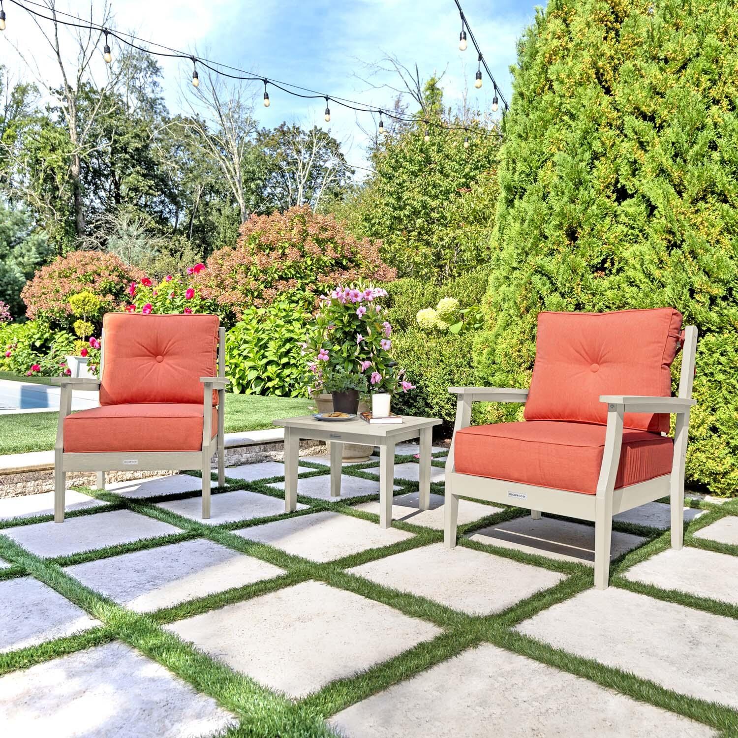 Blushing Bay 3 Pc Recycled Plastic Seating Set in Canvas Persimmon/Whitewash by Lakeview Outdoor Designs - Angled Right - Lifestyle thumbnail