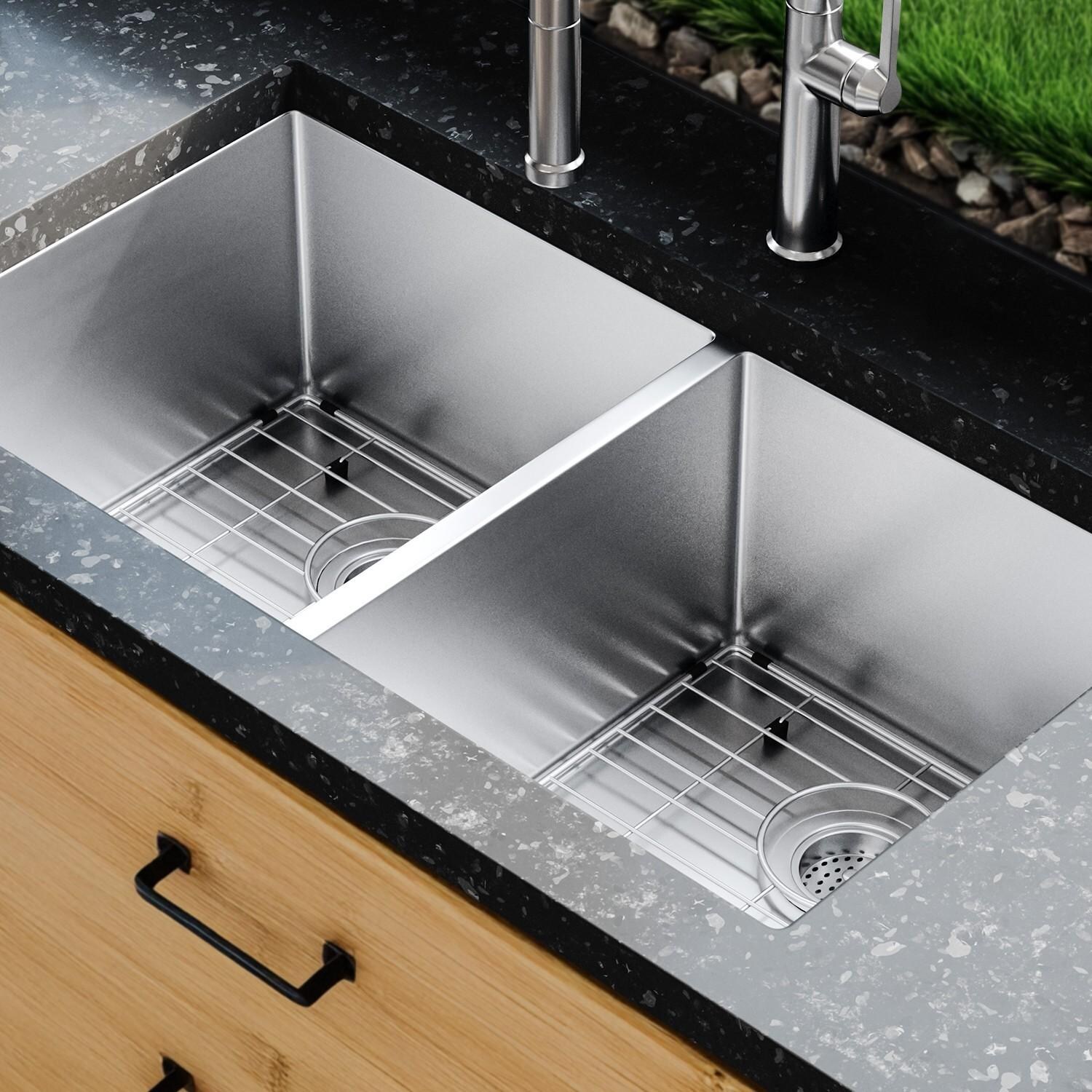 BBQGuys Signature Undermount Stainless Steel 33-Inch Double Bowl Sink W/Grids and Strainers - Lifestyle thumbnail