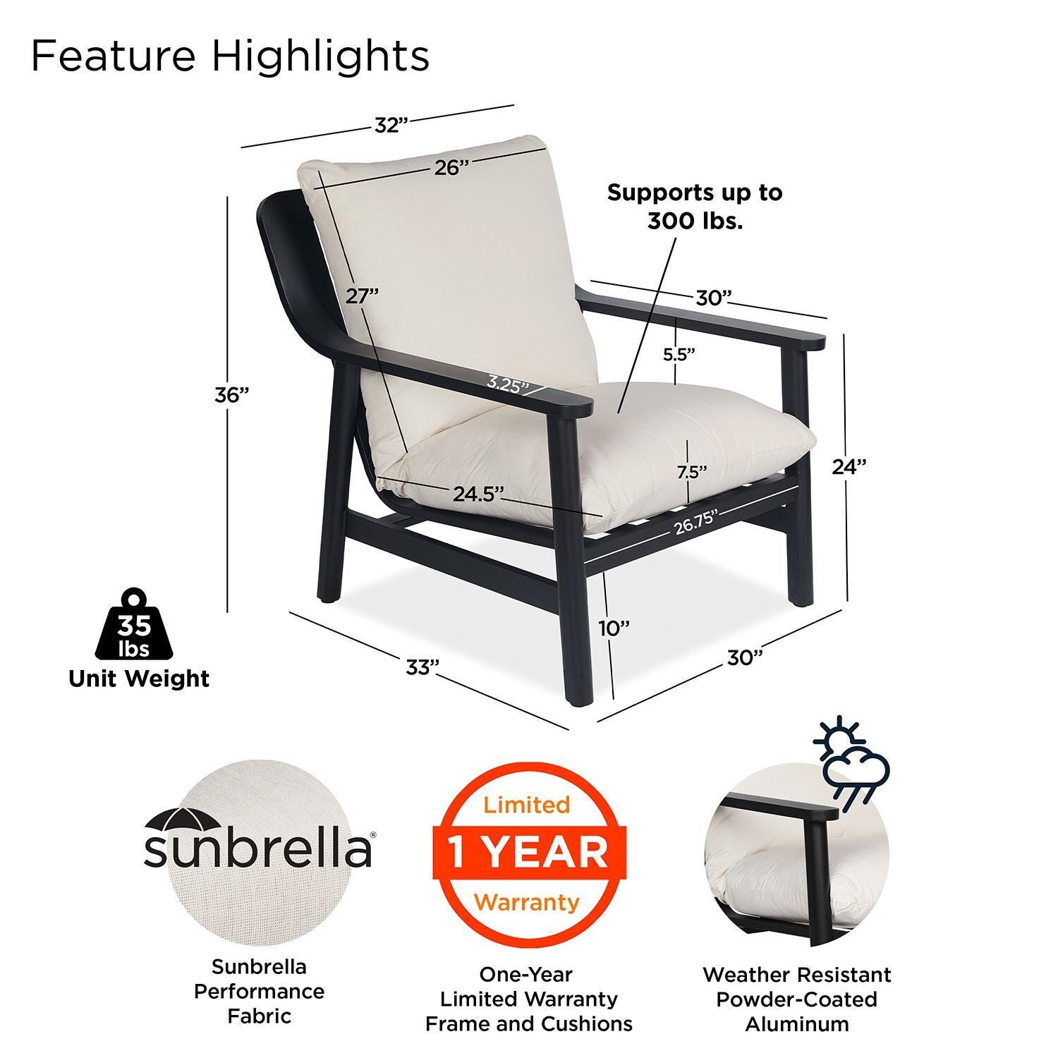 Bay St Louis 30 Inch Metal Outdoor Oversized Chair Set of 2 in Black W/ Sunbrella Cushions by Lakeview Outdoor Designs - Features - Detail thumbnail