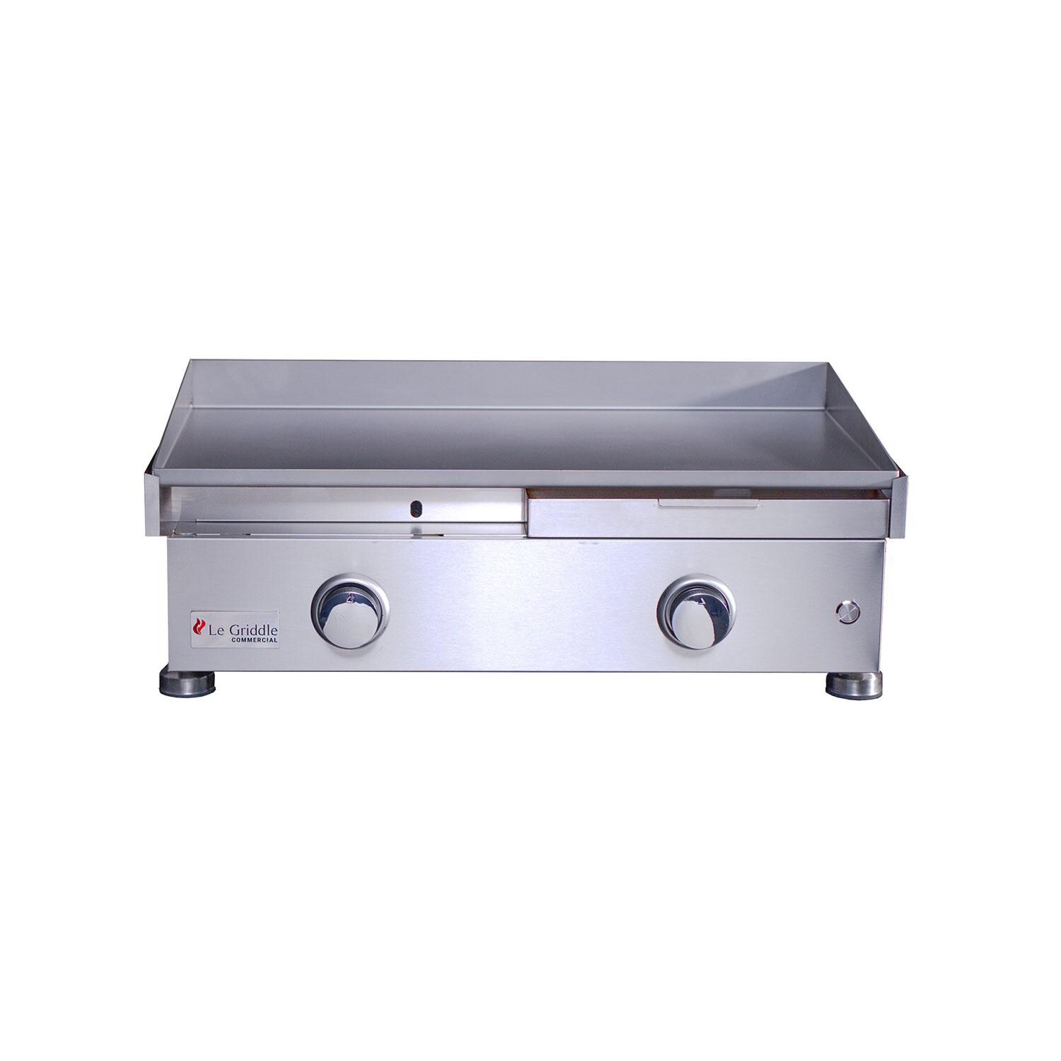 Le Griddle OML75P3 LP Pro Series 75 2 Burner Built-In Propane Flat Top Grill w/ 3mm Plate - Left Side Grease Disposal Drawer Removed - White Background thumbnail