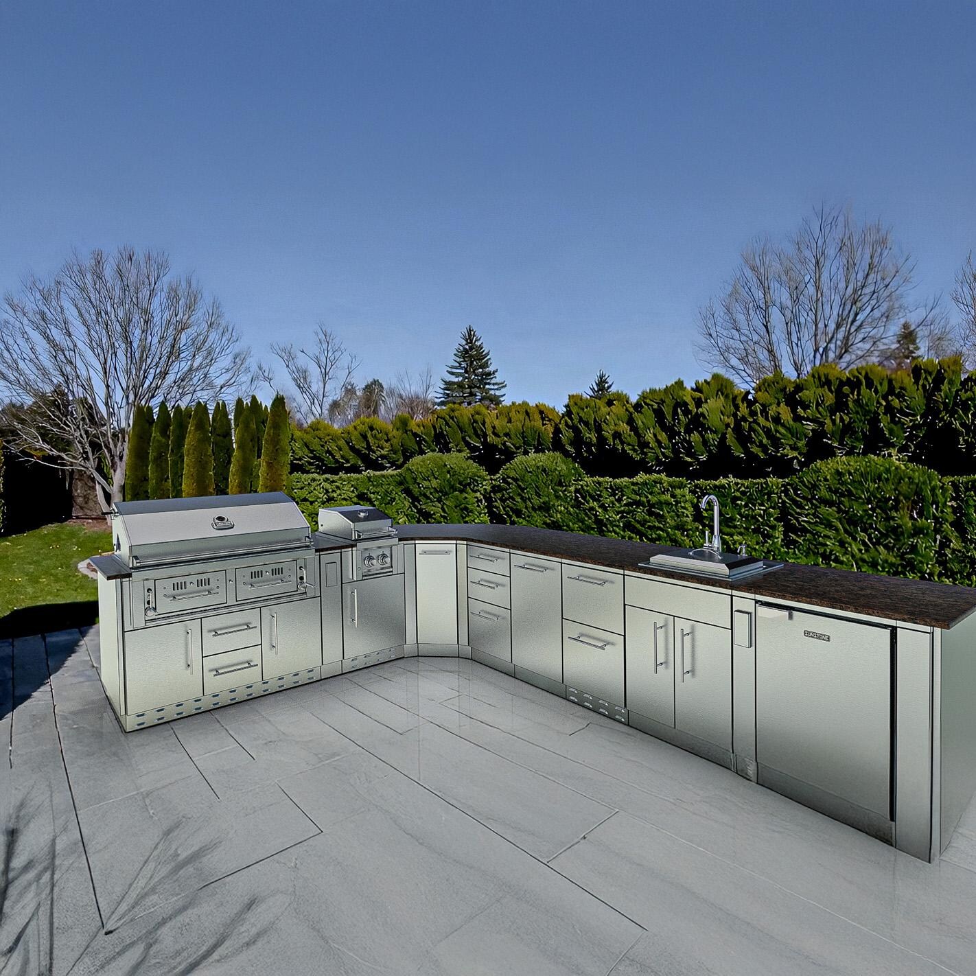 Sunstone Grills SCPBIGTEX21-LP Big-Texan 21 Ft Outdoor Kitchen Island w/ Propane Grill & Side Burner, Sink, Refrigerator, Trash Bin, Door & Drawer - On Patio - Lifestyle thumbnail