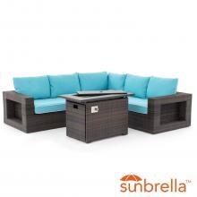 Gentilly 3 Piece Wicker Fire Pit Sectional Set W/ Left Arm Loveseat, 42 X 22 Inch Fire Pit Table & Sunbrella Canvas Aruba Cushions By Lakeview Outdoor Designs image